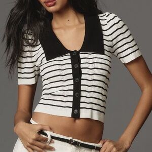 Maeve Ribbed Black White Stripes Button Short Puffy Sleeves Slim Cropped Top XXS
